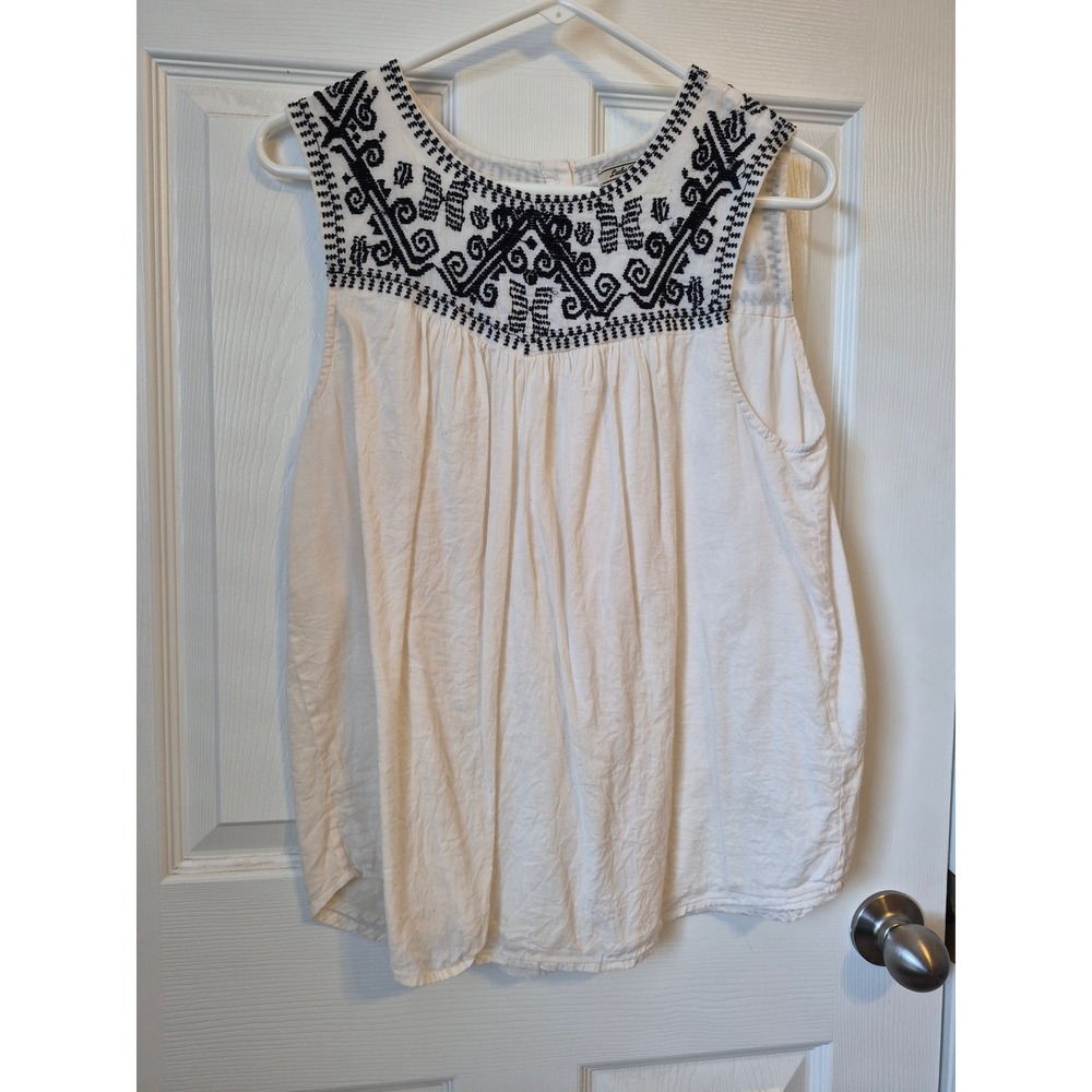 Lucky Brand Womens Ivory Black Embroidered Sleeveless Button Back Gauze Top M